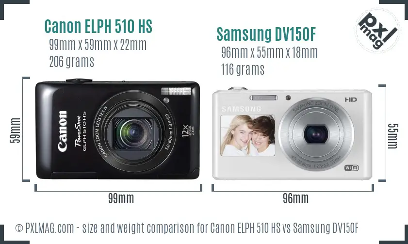 Canon ELPH 510 HS vs Samsung DV150F size comparison