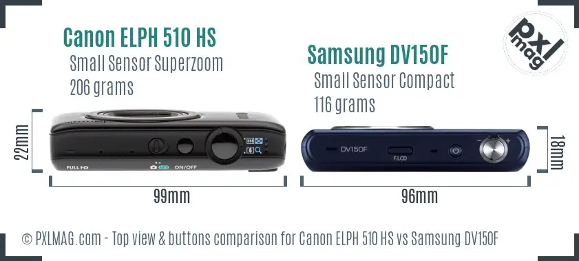 Canon ELPH 510 HS vs Samsung DV150F top view buttons comparison