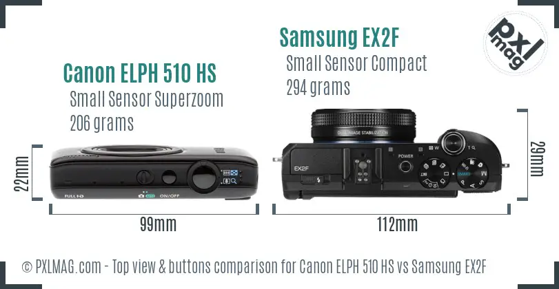 Canon ELPH 510 HS vs Samsung EX2F top view buttons comparison