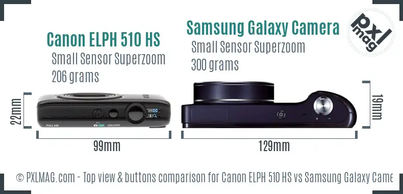 Canon ELPH 510 HS vs Samsung Galaxy Camera top view buttons comparison Canon ELPH 510 HS vs Samsung Galaxy Camera top view buttons comparison
