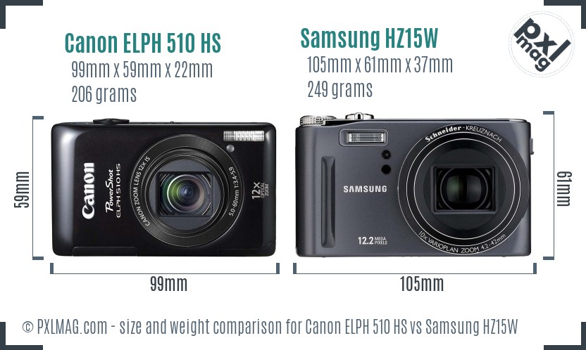 Canon ELPH 510 HS vs Samsung HZ15W size comparison