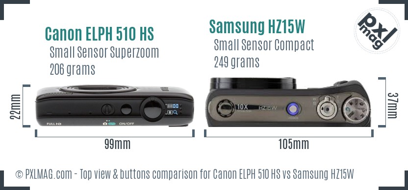 Canon ELPH 510 HS vs Samsung HZ15W top view buttons comparison