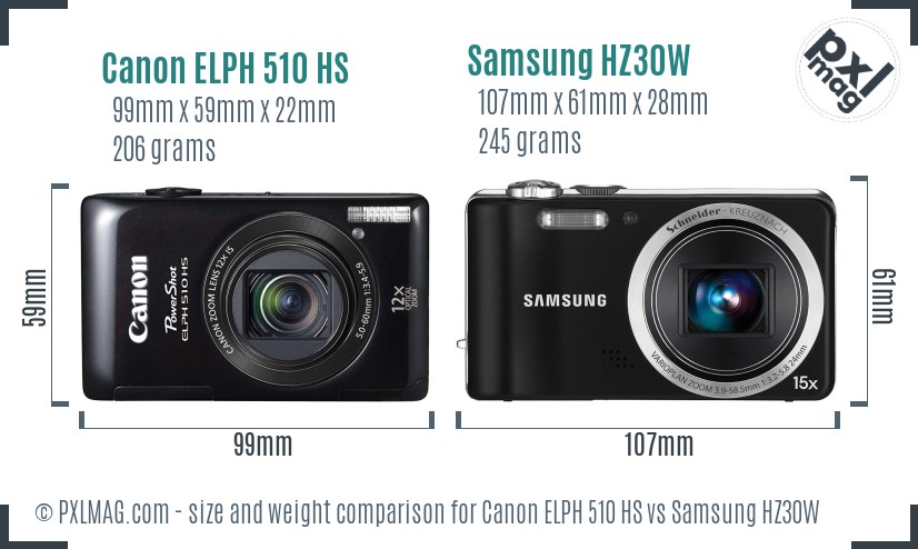 Canon ELPH 510 HS vs Samsung HZ30W size comparison
