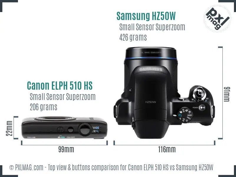 Canon ELPH 510 HS vs Samsung HZ50W top view buttons comparison