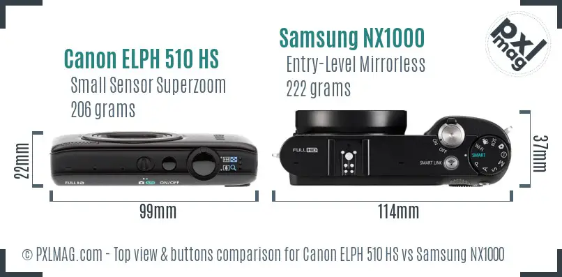Canon ELPH 510 HS vs Samsung NX1000 top view buttons comparison