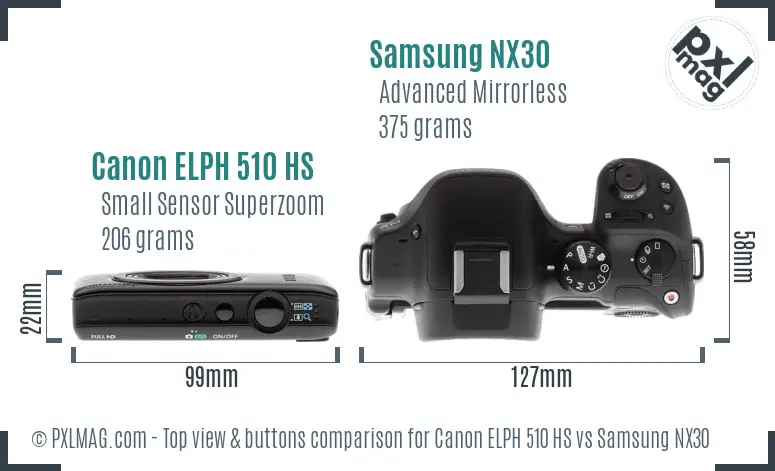 Canon ELPH 510 HS vs Samsung NX30 top view buttons comparison