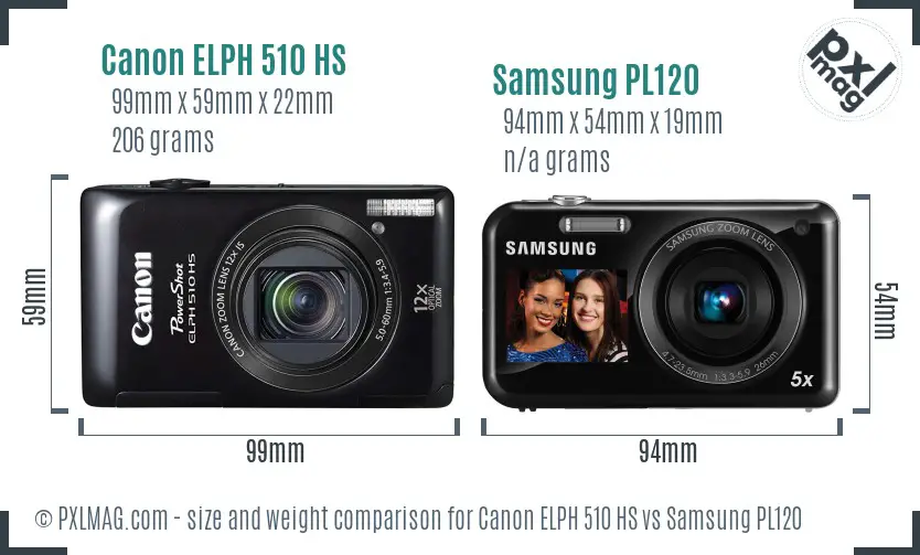 Canon ELPH 510 HS vs Samsung PL120 size comparison