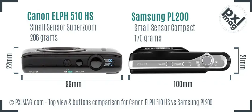 Canon ELPH 510 HS vs Samsung PL200 top view buttons comparison
