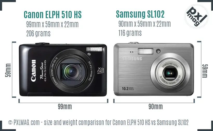Canon ELPH 510 HS vs Samsung SL102 size comparison