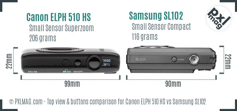 Canon ELPH 510 HS vs Samsung SL102 top view buttons comparison