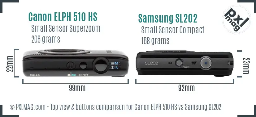 Canon ELPH 510 HS vs Samsung SL202 top view buttons comparison