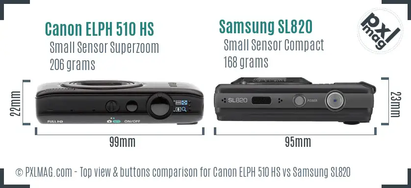 Canon ELPH 510 HS vs Samsung SL820 top view buttons comparison Canon ELPH 510 HS vs Samsung SL820 top view buttons comparison