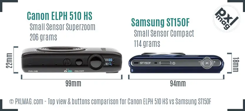 Canon ELPH 510 HS vs Samsung ST150F top view buttons comparison