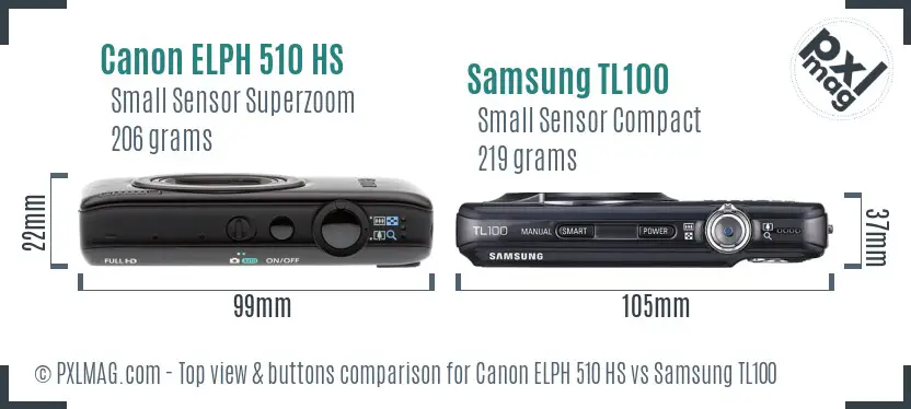Canon ELPH 510 HS vs Samsung TL100 top view buttons comparison Canon ELPH 510 HS vs Samsung TL100 top view buttons comparison