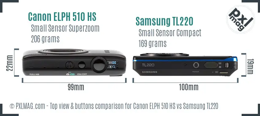 Canon ELPH 510 HS vs Samsung TL220 top view buttons comparison