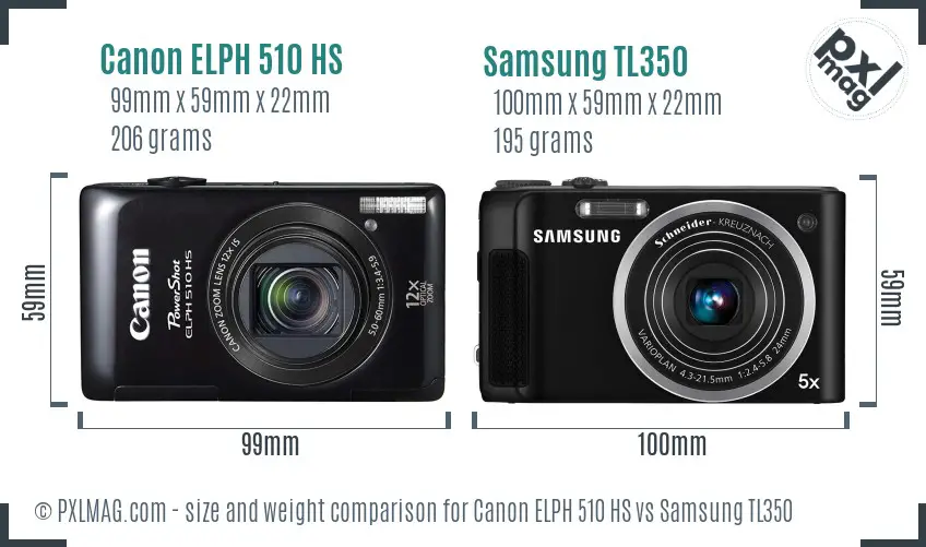 Canon ELPH 510 HS vs Samsung TL350 size comparison