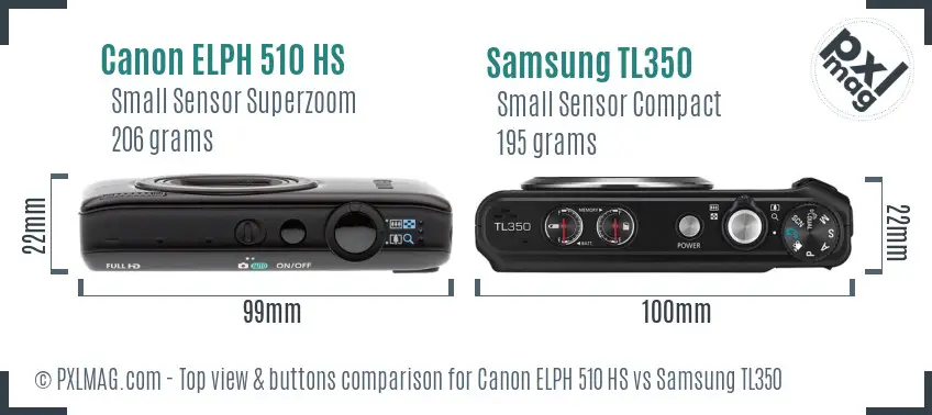 Canon ELPH 510 HS vs Samsung TL350 top view buttons comparison