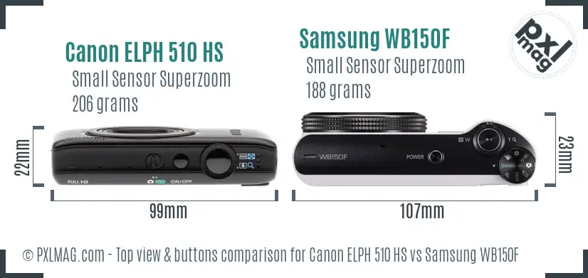 Canon ELPH 510 HS vs Samsung WB150F top view buttons comparison