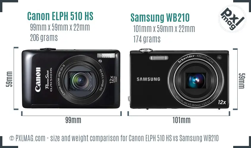 Canon ELPH 510 HS vs Samsung WB210 size comparison