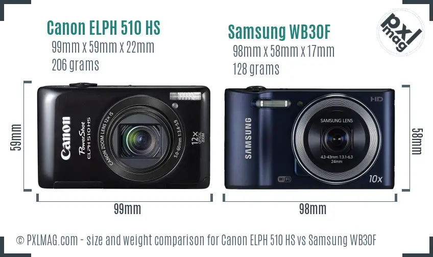 Canon ELPH 510 HS vs Samsung WB30F size comparison