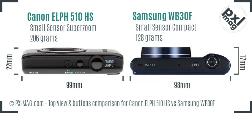 Canon ELPH 510 HS vs Samsung WB30F top view buttons comparison