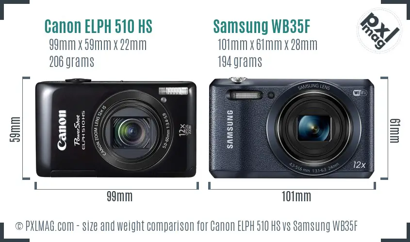 Canon ELPH 510 HS vs Samsung WB35F size comparison