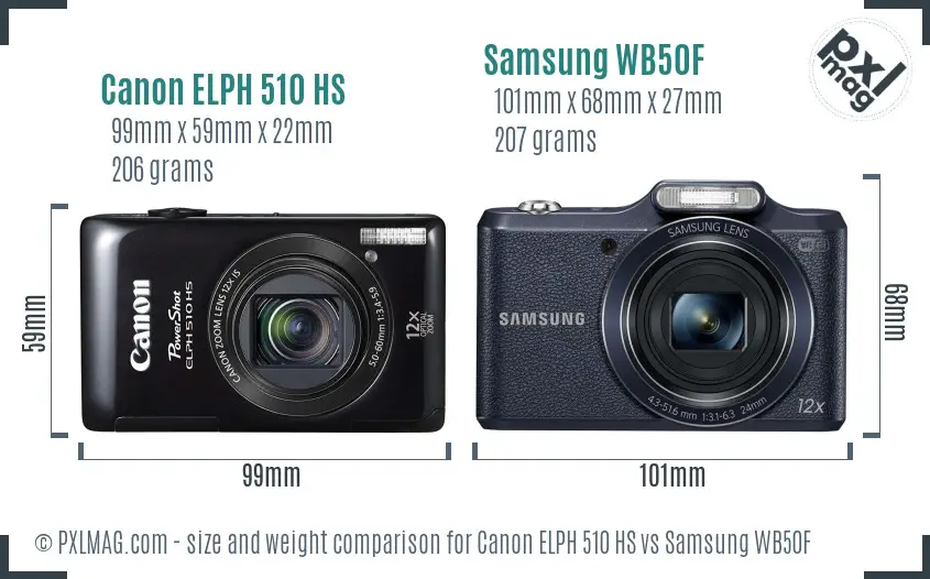 Canon ELPH 510 HS vs Samsung WB50F size comparison