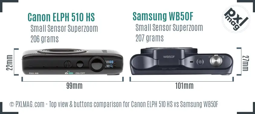 Canon ELPH 510 HS vs Samsung WB50F top view buttons comparison