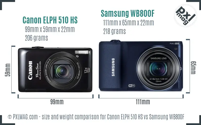 Canon ELPH 510 HS vs Samsung WB800F size comparison