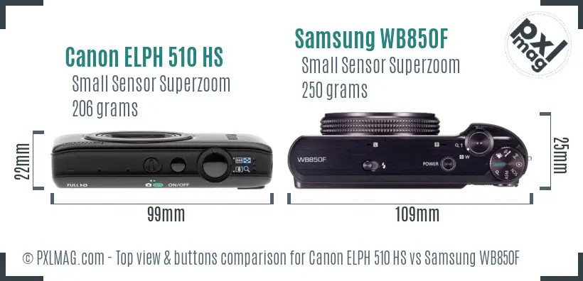 Canon ELPH 510 HS vs Samsung WB850F top view buttons comparison