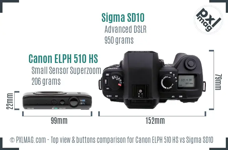 Canon ELPH 510 HS vs Sigma SD10 top view buttons comparison