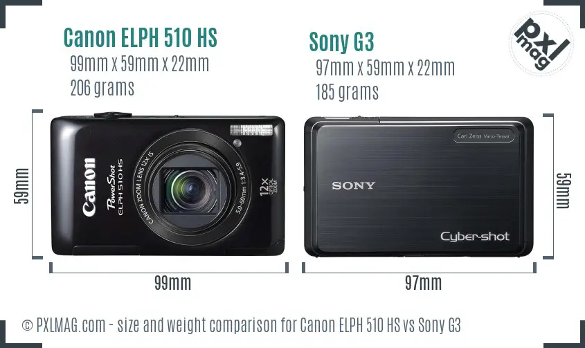 Canon ELPH 510 HS vs Sony G3 size comparison