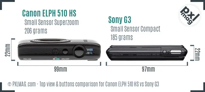 Canon ELPH 510 HS vs Sony G3 top view buttons comparison