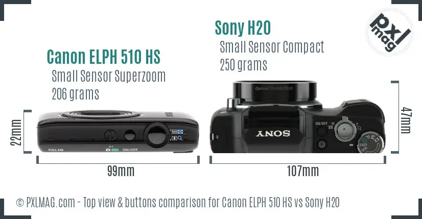 Canon ELPH 510 HS vs Sony H20 top view buttons comparison Canon ELPH 510 HS vs Sony H20 top view buttons comparison