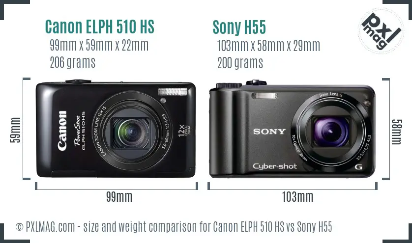 Canon ELPH 510 HS vs Sony H55 size comparison