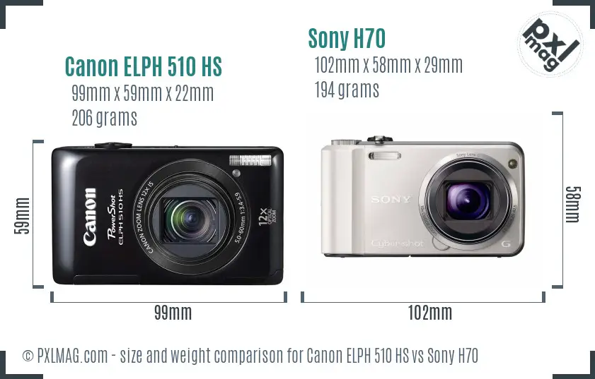 Canon ELPH 510 HS vs Sony H70 size comparison
