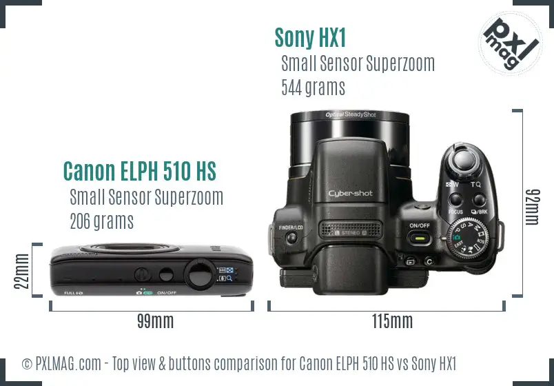 Canon ELPH 510 HS vs Sony HX1 top view buttons comparison