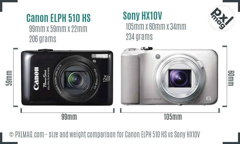 Canon ELPH 510 HS vs Sony HX10V size comparison