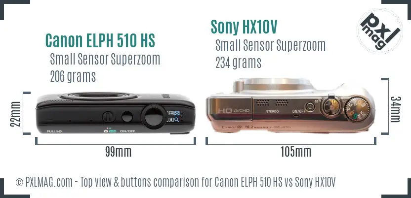 Canon ELPH 510 HS vs Sony HX10V top view buttons comparison