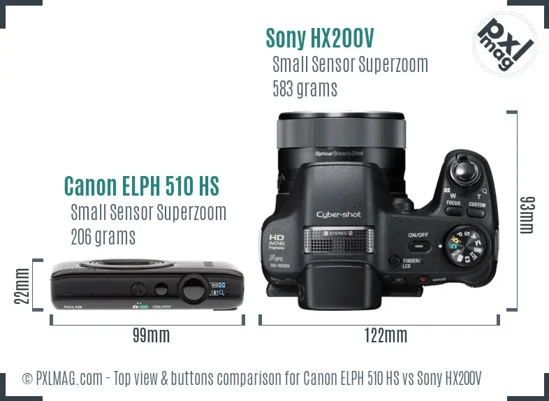 Canon ELPH 510 HS vs Sony HX200V top view buttons comparison