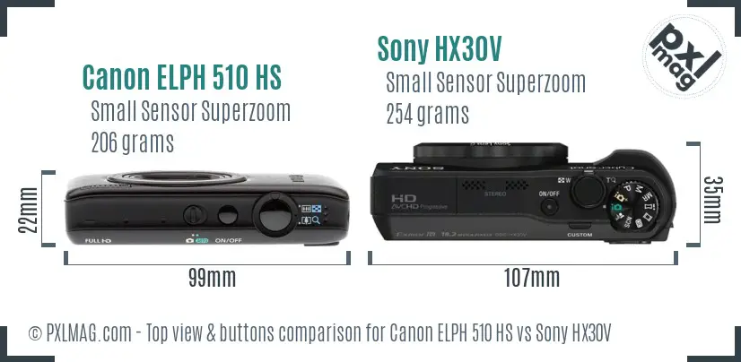 Canon ELPH 510 HS vs Sony HX30V top view buttons comparison