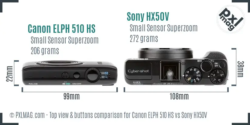 Canon ELPH 510 HS vs Sony HX50V top view buttons comparison Canon ELPH 510 HS vs Sony HX50V top view buttons comparison