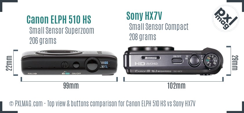 Canon ELPH 510 HS vs Sony HX7V top view buttons comparison