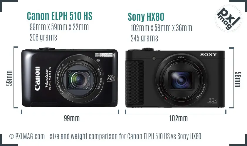 Canon ELPH 510 HS vs Sony HX80 size comparison