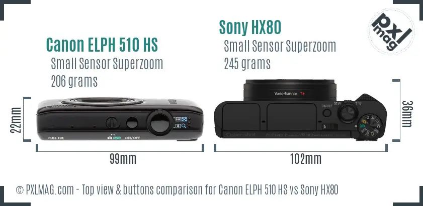Canon ELPH 510 HS vs Sony HX80 top view buttons comparison