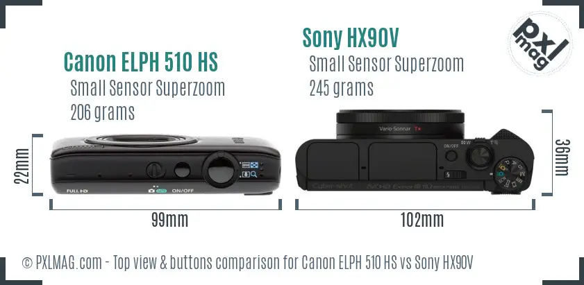 Canon ELPH 510 HS vs Sony HX90V top view buttons comparison
