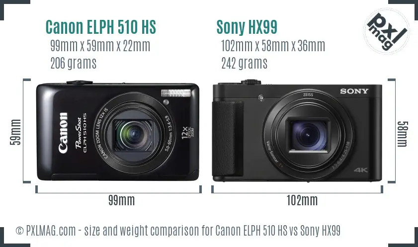 Canon ELPH 510 HS vs Sony HX99 size comparison