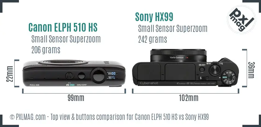 Canon ELPH 510 HS vs Sony HX99 top view buttons comparison