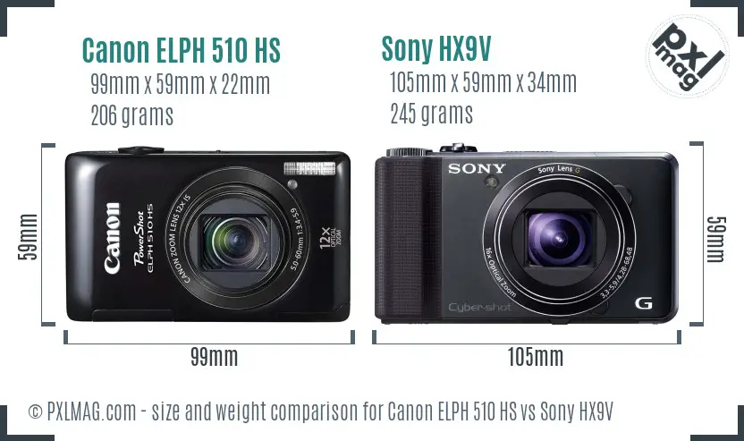 Canon ELPH 510 HS vs Sony HX9V size comparison