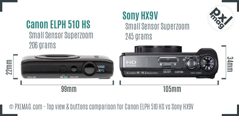 Canon ELPH 510 HS vs Sony HX9V top view buttons comparison